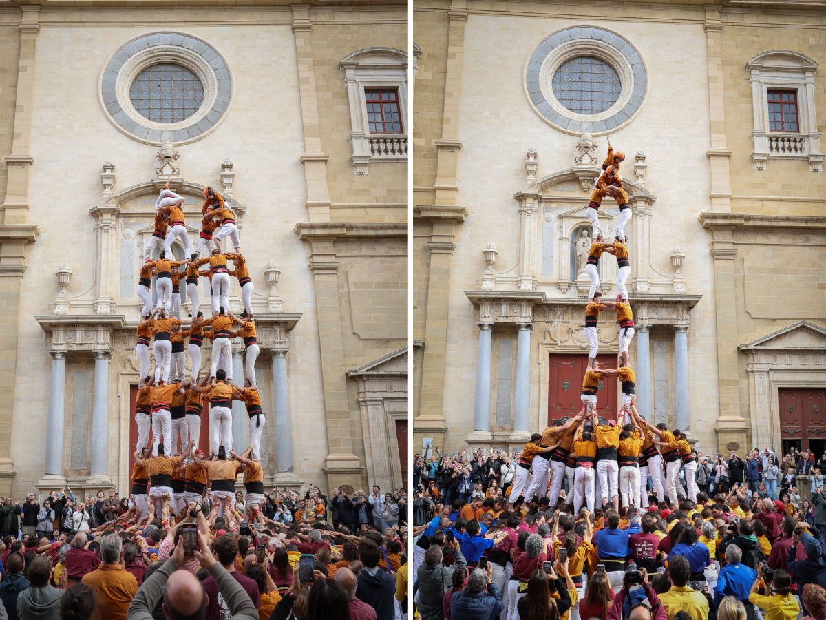 A l’esquerra,  moment de coronar una de les aletes del 7 de 8, i a la dreta,la torre de 8 amb folre carregada, aquest diumenge a la plaça de la Catedral de Vic