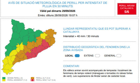 Protecció Civil alerta de xàfecs locals molt intensos a partir d’aquesta nit i durant 24 hores