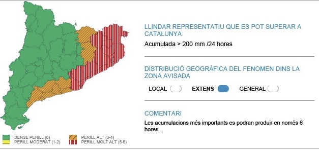 El Meteocat eleva al nivell màxim de perill l’avís per la intensitat de les pluges de dissabte a la tarda al Vallès Oriental