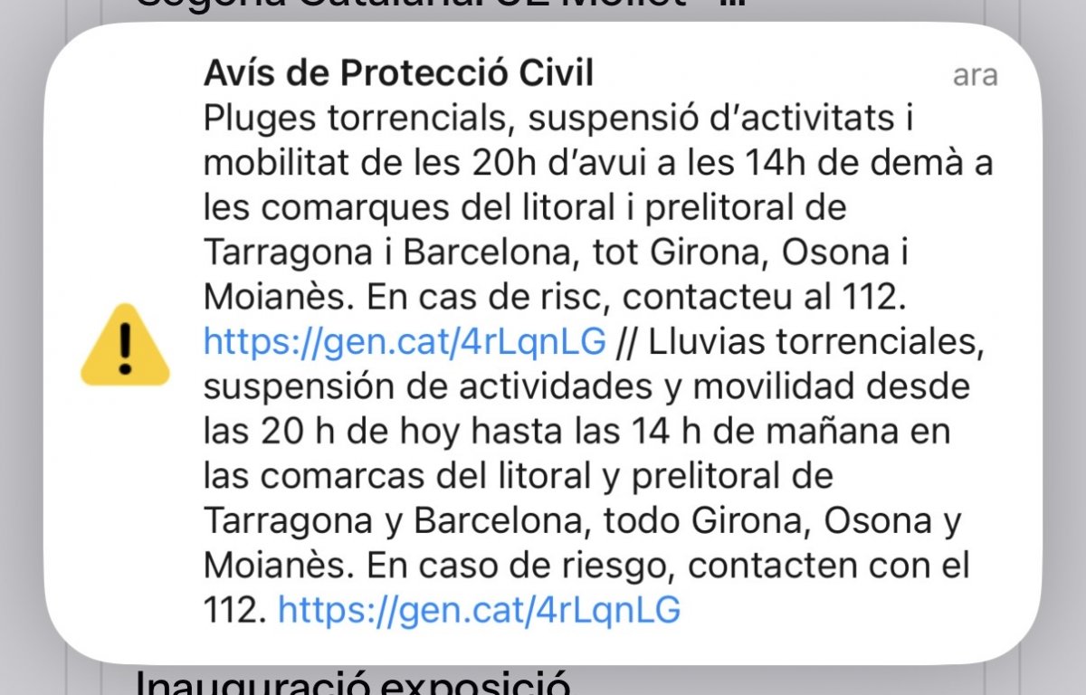 El govern suspèn activitats esportives, culturals i de lleure entre dissabte al vespre i diumenge a la tarda per la previsió de mal temps